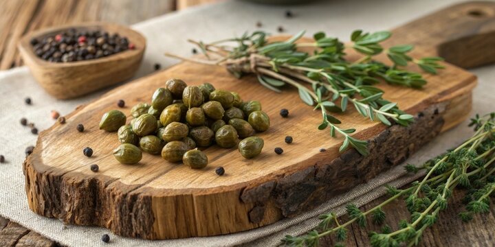 Fresh capers and herbs on a rustic wooden cutting board prepared for cooking on a cozy kitchen countertop