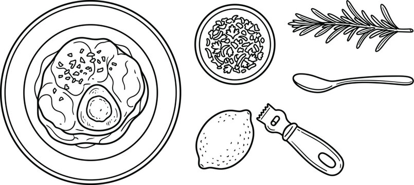 Italian Osso Buco Shank Plate Vector Set with Gremolata Seasoning Bowl Fresh Lemon Channel Knife Peeler Spoon and Rosemary Herb Sprig