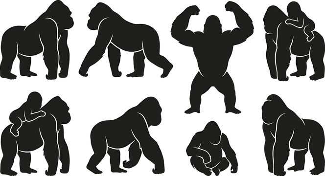 Gorilla Silhouette Icon Set with Standing, Walking, Flexing, and Mother with Baby Poses for Wildlife and Animal Design Projects