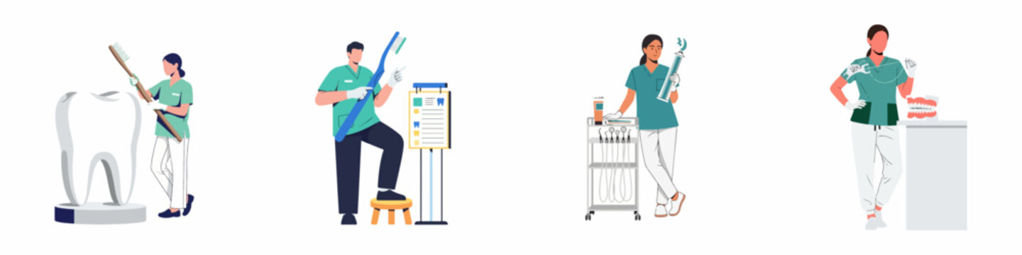 Set of dental professionals in scrubs holding giant toothbrushes, toothpaste, and dental floss for oral hygiene education and clinic promotion.