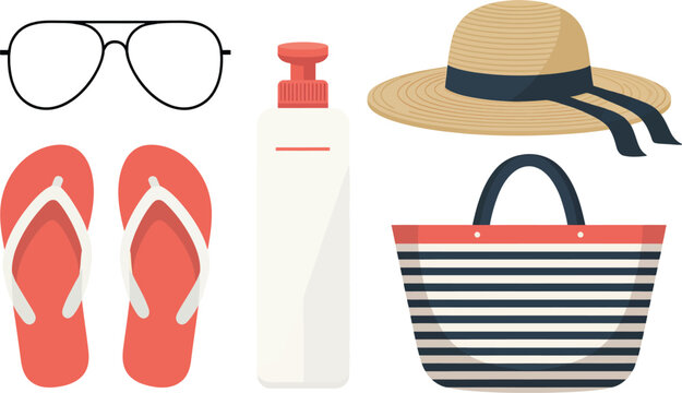 Set of beach vacation accessories for summer travel with vacation accessories sunglasses sunscreen lifestyle tropical collection illustration protection relaxation beachwear recreation