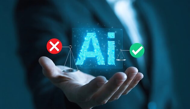 Artificial intelligence concept with scales of justice illuminated and held in a human hand machine learning deep neural network algorithm automation technology