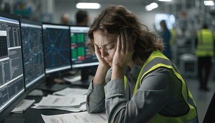 Fototapeta premium Woman With Wavy Brown Hair Wearing A Grey Shirt And Yellow Vest Focused In A Control Room female person adult operator technician