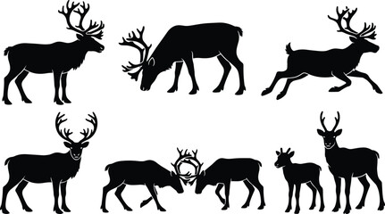 Fototapeta premium Reindeer Deer Silhouette Icon Set with Standing, Grazing, Running, and Antler Poses for Wildlife and Christmas Design Projects