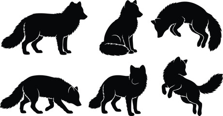 Fototapeta premium Fox Silhouette Icon Set with Standing, Sitting, Walking, and Jumping Poses for Wildlife and Animal Design Projects
