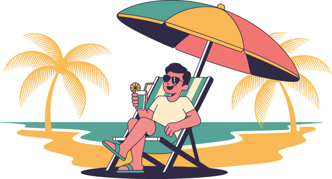 Flat vector illustration of a man relaxing on a beach chair drinking a cocktail under an umbrella with palm tree leisure time vacation mode vacation cocktail relaxing umbrella lifestyle