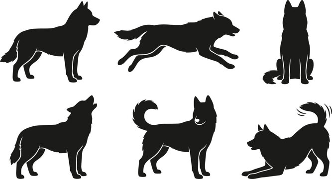 Husky Wolf Dog Silhouette Icon Set with Standing, Running, Sitting, and Howling Poses for Pet and Animal Design Projects
