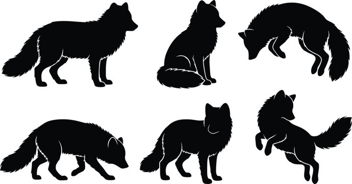 Fox Silhouette Icon Set with Standing, Sitting, Walking, and Jumping Poses for Wildlife and Animal Design Projects