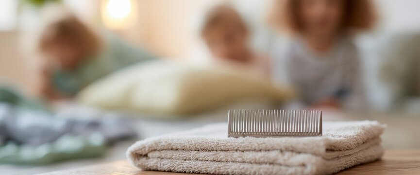 Metal comb on folded towel with blurred background