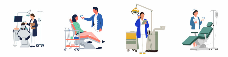 Fototapeta premium Dental Professionals Measuring Patient Temperatures Using Infrared Thermometers in Various Clinical Settings, Vector Illustration Set.