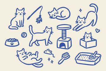 Cats and Pet Care Doodle Set Vector Illustration © Victoria