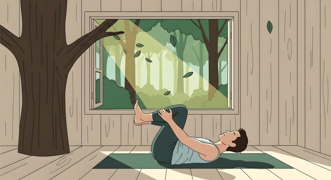 Man stretches his back while lying on a yoga mat inside a rustic wooden cabin.