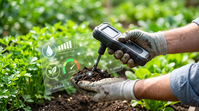Close up of hands holding soil with digital nutrient analyzer for organic farming