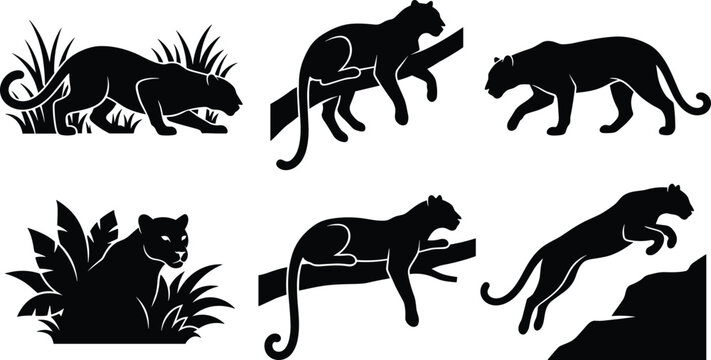 Black Panther Silhouette Icon Set with Walking, Climbing, Sitting, and Jumping Poses in Jungle Settings for Wildlife Design Projects