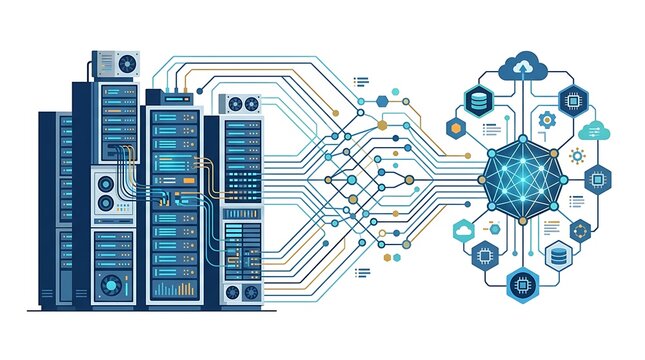 Digital server rack towers connected to a complex glowing neural network hub illustrating big data processing and cloud computing infrastructure