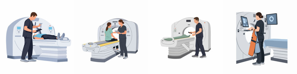 Fototapeta premium Flat vector illustration set of medical professionals and patients using a CT or MRI scanner in a hospital setting for diagnostic imaging