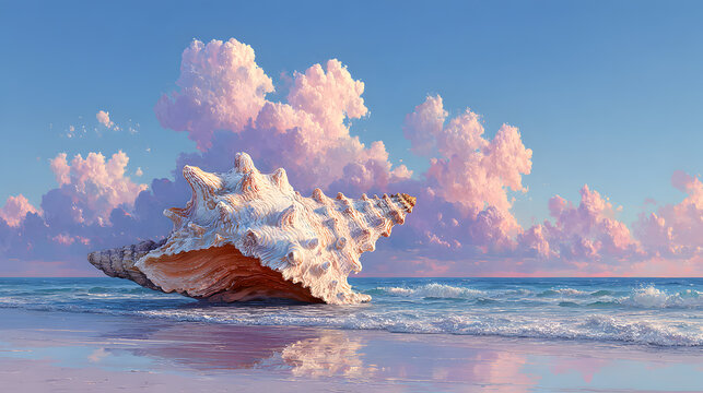 Giant seashell on beach with pastel sky and ocean waves digital painting