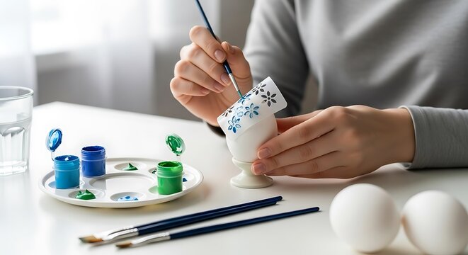 Woman's hands decorate an egg with blue paint, other supplies are on a white table