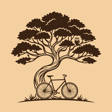 Tree with bicycle under branches.