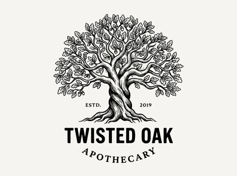 Twisted Oak Apothecary Tree Logo Design.