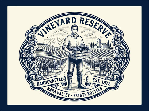Vineyard Reserve Wine Label Illustration.
