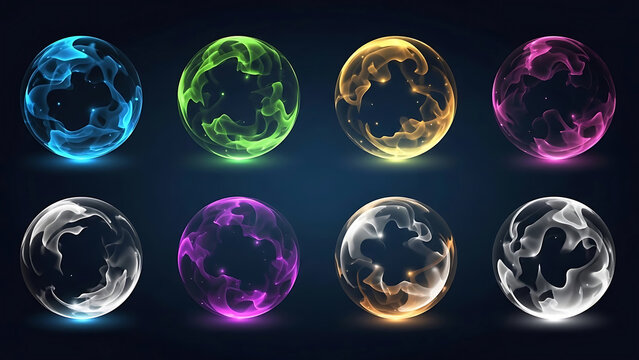 Eight glowing orbs with swirling energy in blue green yellow pink white sphere light