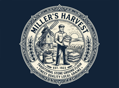 Vintage Millers Harvest Flour Logo Emblem.