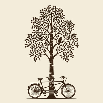 Vintage bicycle under tree silhouette.
