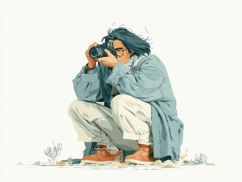 Photographer taking picture with camera in minimalist illustration