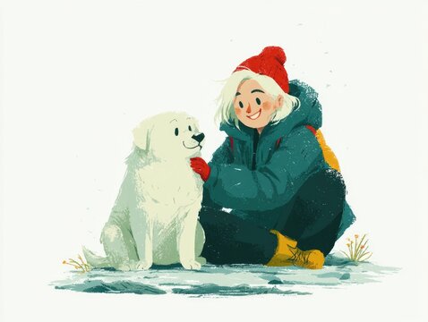 Woman bonding with white dog in winter outdoor illustration