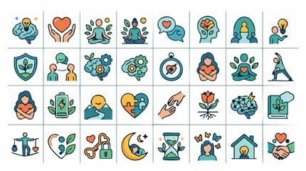Fototapeta premium Mental Health and Wellness Line Icons Set for Self-Care and Well-being