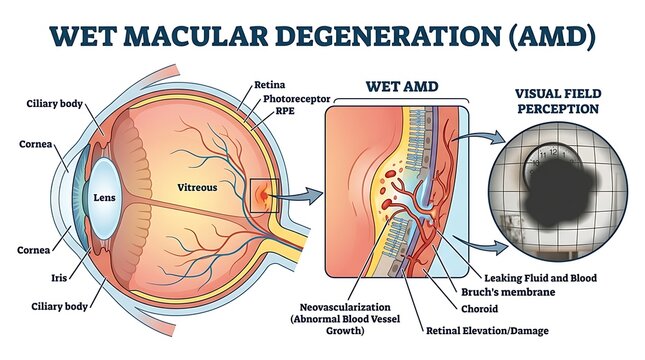 Wet macular degeneration eye anatomy and vision field perception with blindness