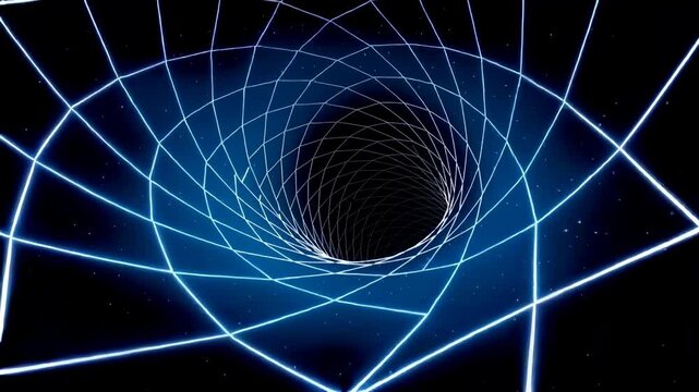 Abstract animation of traveling through a futuristic blue neon grid tunnel