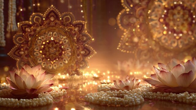 Traditional Indian festival background with lotus flowers and gold mandalas