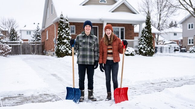 Young couple shoveling snow in winter outside their house  