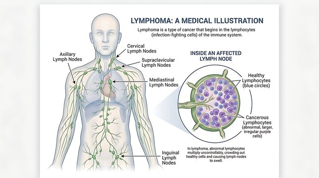 Lymphoma medical illustration showing human lymphatic system and lymph node