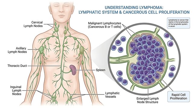Lymphoma medical diagram showing lymphatic system and cancerous cell