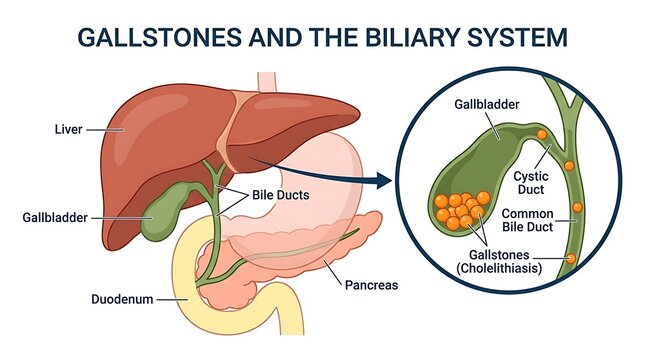 Medical illustration of gallstones and anatomy of the human biliary system