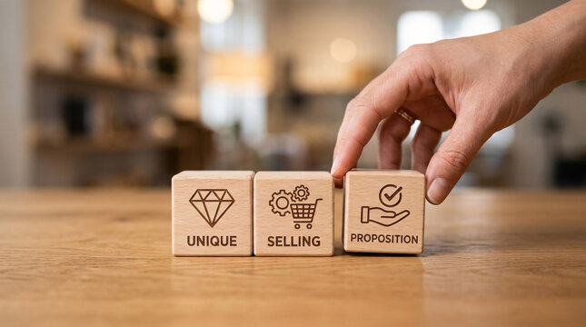 A human hand carefully positions a wooden cube carved with a checkmark symbol next to others featuring a diamond and a shopping cart with gears to form the phrase unique selling proposition Isolated