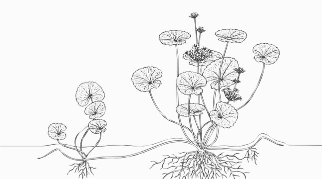 Hand Drawn Botanical Illustration of Gotu Kola and Pennywort Showing Herb Propagation and Plant Growth Stages