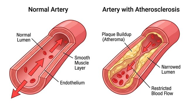 Medical illustration of normal artery anatomy versus atherosclerotic plaque