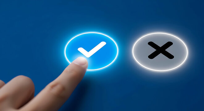 Finger touching blue checkmark button with white check symbol and gray cross symbol on dark background