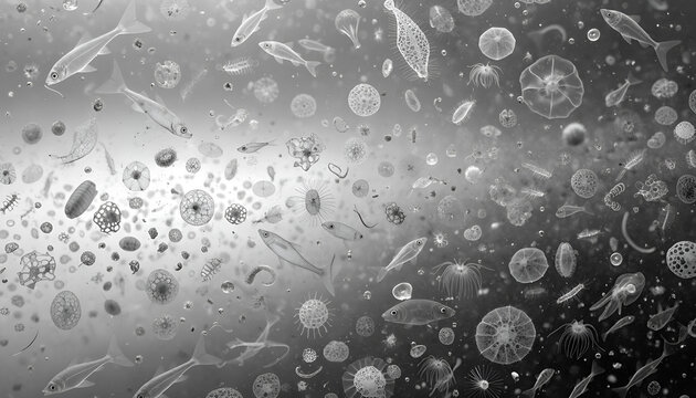 Microscopic Marine Plankton and Aquatic Microorganisms Floating Underwater Scientific Background