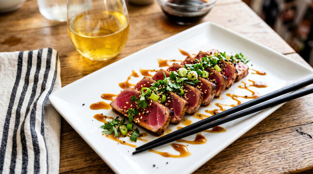 Seared ahi tuna steak with sesame seeds and green onions gourmet presentation