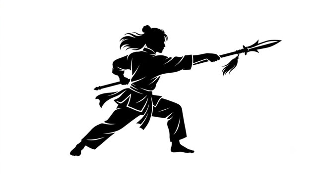 Wushu martial arts warrior silhouette holding spear in dynamic stance vector illustration