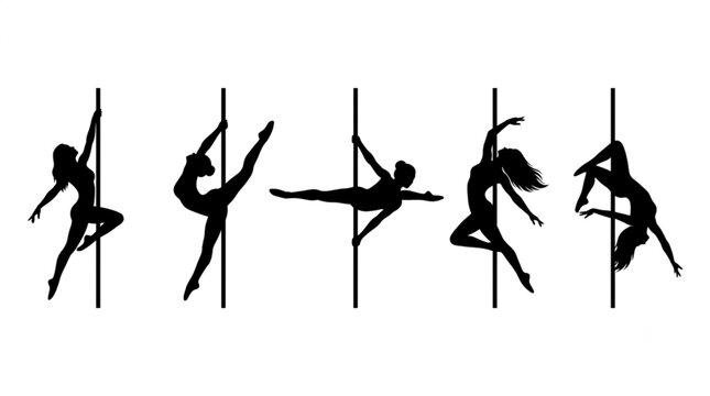Pole Dance Silhouettes Set of Female Dancers Athletic Poses Isolated on White Background