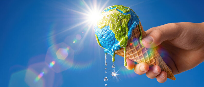 Planet Earth ice cream cone melting under blazing sun heatwave, excessive heat, global warming