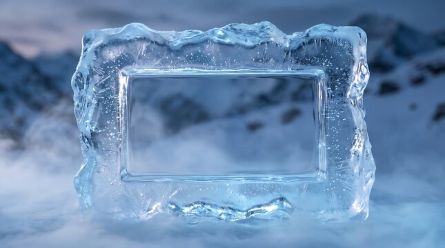 Rectangular ice frame with intricate frosty patterns and air bubbles, resting on a bed of mist in a cold, snowy mountain landscape.