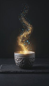 Textured ceramic bowl with glowing blue and gold binary code steam