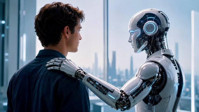 Futuristic humanoid robot placing a hand on a man's shoulder in a modern office with a city view, symbolizing AI cooperation and human interaction